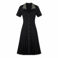 Robe en tricot pointelle noire pour femme, col polo, manches courtes, longueur midi, vente en gros, marque privée