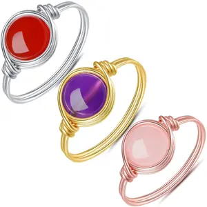 Women Jewelry Healing Quartz Crystal Ring Handmade Copper Wire Braid Crystal Amethyst Tiger Eye Agate Charms Rings