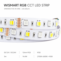 Bande LED WISMART 12V 24V SMD5050 RGB CCT 5 en 1, 60 LED/m, 12 mm, 5 m, 14,4 W, IP20, blanc réglable, éclairage multicolore pour décoration intérieure