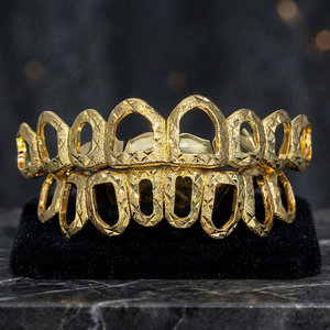 14K Yellow Gold Open Face Grillz Set | Moissanite Cut Custom <b>Window</b> Teeth Grillz IGI Certified Hip Hop Style - Product Image 2