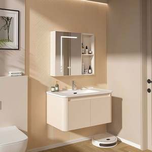 Mueble de Baño Moderno de Madera con Cajones, Mueble de Pared con Lavabo y Espejo LED, Botiquín de Baño - Product Image 6