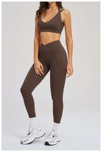 Pantalones de gimnasio personalizados para mujer con cintura alta cruzada, elásticos, transpirables, con bloques de color, para yoga y leggings. - Product Image 4