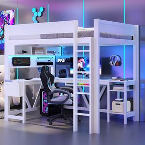 White <b>Gaming</b> Loft Bed With Desk Storage And Ambient <b>Lighting</b> For Bedroom Use - Product Image 3