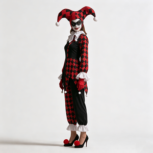 Disfraz de Arlequín Rojo y Negro para Mujer, con Patrón de Diamantes, Disfraz de Payaso Malvado para Halloween, con Bastón de Calavera - Product Image 2