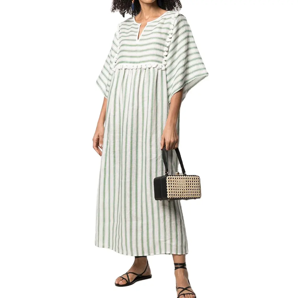 Wholesale Cheap Striped Loose Tassel Plus Size Midi Dress Short Sleeve Casual Swing Loose Dress Cotton Blouses Dress