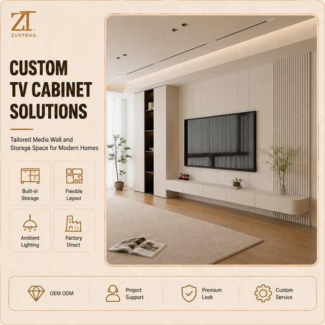 Elegant Cream Style Floating TV Console with Slatted Panel Radial R-Corner Media Wall for Villa Designer