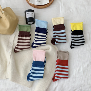 Women's Seamless Striped Mid Calf Socks Cotton Slouch Style Autumn Winter Casual Socks Navy Blue Yellow Coffee Red Green Coffee - Product Image 2