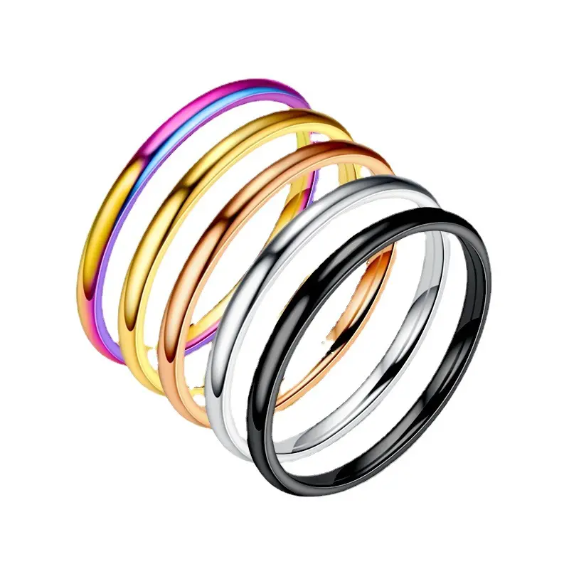 Simples 2mm Thin Plain Statement Band Anéis De Casamento Para As Mulheres Homens Estilo Moda Empilhamento Liso Anéis De Aço Inoxidável