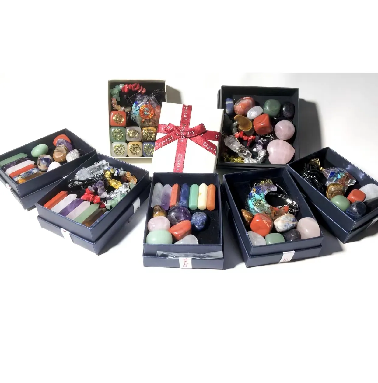 Vendita calda meditazione spirituale cristallo naturale cuore guarigione gemma 7 Chakra cristallo Tumbling Stone Box Set