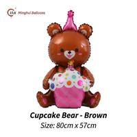 Ballon en Mylar en forme d'ours en peluche cupcake assis mignon avec chapeau d'anniversaire et impression 'Joyeux Anniversaire Cupcake' pour anniversaire d'enfants et de bébés