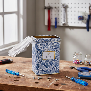 75 x 100 x 150 mm Azulejo-Inspired Blue & White Decorative Pattern Tin for <b>Tool</b> <b>Storage</b> Metal <b>Storage</b> Wire Clasp Transparent Lid - Product Image 3