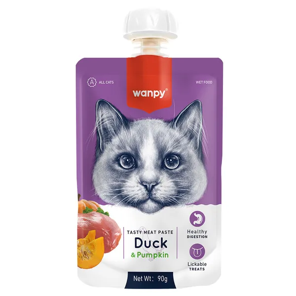 Wanpy Tasty Meat Paste Cat Treat10 Pieces Fresh Duck with Pumpkin for All Size Cats Treat 90 gr Wet Food