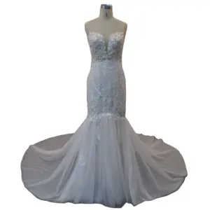 Luxurious and sexy tulle deep V-neck tube top strapless fishtail wedding dress backless lace bridal gown