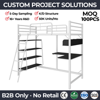 Lit mezzanine moderne en métal pour deux personnes avec bureau en L intégré et étagères de rangement à 4 niveaux pour petits espaces