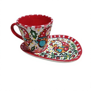 DOUBLE HAND-PAINTED HANDMADE CLASSIC CERAMIC TURKISH COFFEE MUG SET TRAY FRUIT PATTERN PARTY DISHWASHER SAFE DAFNI <b>BIG</b> PAZAR - Product Image 1