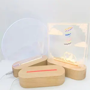 Toptan Oval ahşap 3D akrilik gece ışık bazı DIY 3D işaretleri illusion gece lambası LED ahşap aydınlatma tabanı için akrilik