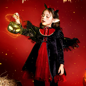 Hidehanky Costume da vampiro/strega per bambine, vestito da principessa per giochi di ruolo, con ali da pipistrello e gonna a cinque strati in poliestere/cotone - Product Image 1