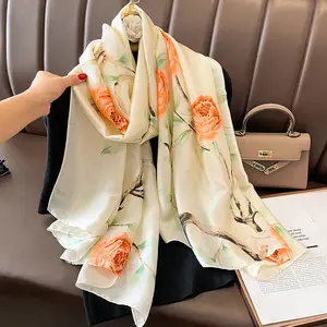 Fashion Ladies Long Soft Dark Green Silk Scarves Shawls For Women Stylish Flower Floral Print Foulard De Soie Scarf Head Hijabs