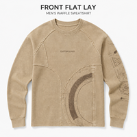 Sweatshirt Waffle Pria Kustom Lengan Raglan Model Patchwork Dekonstruksi, Atasan Crop Washed untuk Gaya Kasual Retro Jalanan