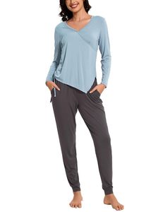 Stock de liquidation, ensemble de pyjama de maternité pour femmes, fibre de bambou, tricoté, doux, couleur unie, manches longues, vêtements de détente, prêt à être expédié - Product Image 3