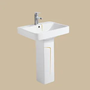 Lavabo de cerámica de pie para baño, lavabo de lujo de pedestal dorado para hotel, interior y exterior, venta al por mayor