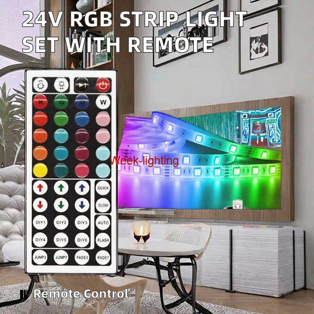 24V PWM Ordinary Static RGB Strip Light Set with 44-Key Remote Controller Seven Color LED Strip and Power Supply