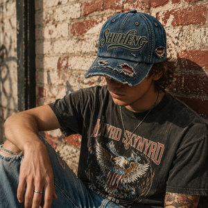 Casquette de baseball en denim délavé vintage avec logo brodé personnalisé et détails déchirés pour un style rétro urbain - Product Image 4