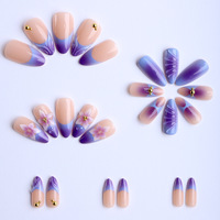 Faux ongles à presser portables, best-seller e-commerce transfrontalier Europe États-Unis, violet éthéré ombré, accents floraux 3D et perles dorées