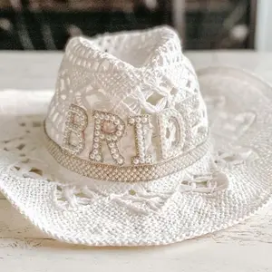 Summer Hollow BRIDE MRS Pearl Bride Top Hats Hand Woven Straw Hat White Cowboy Cowgirl Hat Bachelorette Party