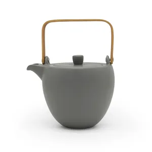 欧式复古1125cc茶壶哑光瓷茶壶竹柄陶瓷茶壶