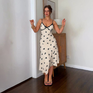 เดรสยาวทรงเอวธรรมชาติ สายเดี่ยว คอวี แต่งผ้าลูกไม้ลายดอกไม้สีดำขาวตัดกัน ดีไซน์ชายกระโปรงไม่สมมาตร ระบายอากาศได้ดี สไตล์ลำลองหรูหรา - Product Image 4