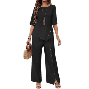 Ensemble chemise et pantalon pour femme à ourlet asymétrique et boutonnage - Coupe décontractée ample 2 pièces tendance - Product Image 1