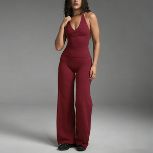 Lot de 2 pièces de vêtements de sport et de yoga à col halter en V profond, pantalon évasé taille haute, séchage rapide - Product Image 4