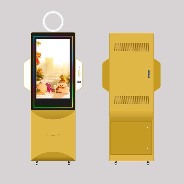 43" Yellow AI Photo Booth with Touch Screen Instant Print 2K 4K Beauty Filter for Wedding Events AI Display Photobooth