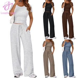 Ensemble deux pièces décontracté Loveda pour femme : T-shirt Y2K à col rond et manches courtes, pantalon ample de couleur unie - Product Image 2