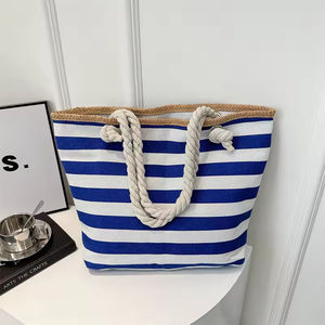 Bolso de mano personalizado de gran capacidad con diseño de rayas, bolso de lona para la playa, bolso de compras con cremallera, bolso de hombro para viaje. - Product Image 2