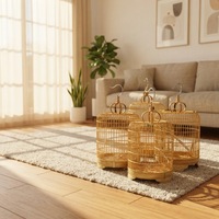 Cage à oiseaux circulaire en fer avec crochets, cage à oiseaux en bambou, pour le repos et le sommeil des animaux de compagnie, utilisation en extérieur et en voyage
