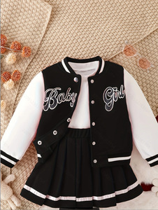 Setelan Jaket Baseball Bermotif Huruf dengan Rok Lipit, Jaket Hoodie Baseball <span class=keywords><strong>2</strong></span>-Piece Set, Setelan Hoodie Lengan Panjang Musim Gugur dengan Rok untuk Anak Perempuan - Product Image 3