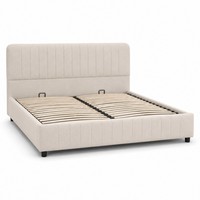 Beigefarbenes Polsterbett mit vertikalem Kanal-Kopfteil, Holzlattenrost, Queen- und King-Size-Bettgestell, OEM ODM Großhandel B2B