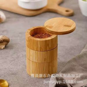<b>Bamboo</b> Spice Box With Spoon Airtight Rotating Lid Solid Seasonings Storage Kitchen Condiment <b>Container</b> - Product Image 4