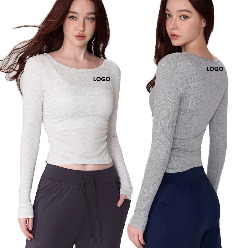 Round Neck Women's Custom Yoga Top Pleated Side Gym Sports Top Long Sleeves Wholesale Print Fitness Gym Clothing