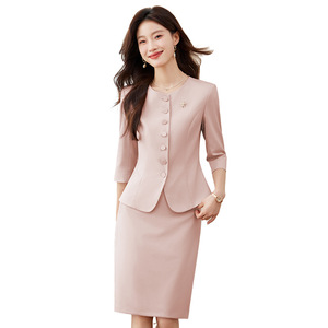 Pink Two-Piece Suit Set Women Three-Quarter Sleeves Summer 2025 Workwear Breathable Polyester A7706 - Product Image 5