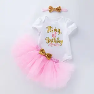 5 Colors Manufacturers Wholesale Baby Festival Set Infant One Year Short Sleeve Gauze Skirt Princess Dress Three-piece Set Skirt