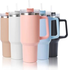 Gobelet isotherme personnalisé en acier inoxydable mat de 40 oz avec poignée et couvercle à paille rabattable Protour, anti-fuite, idéal pour le camping - Product Image 1