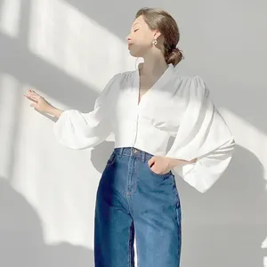Camisa <span class=keywords><strong>de</strong></span> gasa <span class=keywords><strong>de</strong></span> color sólido informal con cuello en V, <span class=keywords><strong>blusas</strong></span> elegantes plisadas para mujeres jóvenes - Product Image 3