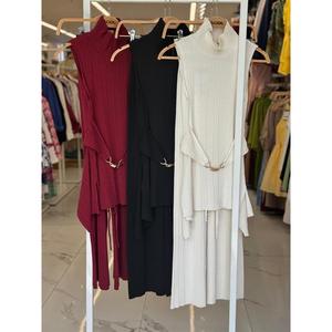 Vestido de punto acanalado rosa con cuello alto, asimétrico, holgado, transpirable, para uso diario informal - Product Image 1