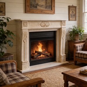 Cheminée en marbre personnalisée, moderne, sculptée à la main, luxueuse, classique, beige crème, avec manteau de cheminée en marbre et cadre de cheminée en marbre - Product Image 1