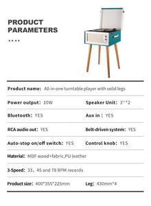 Tourne-disque <span class=keywords><strong>vinyle</strong></span> sur pied à 3 vitesses avec pieds en bois, haut-parleurs intégrés, <span class=keywords><strong>Bluetooth</strong></span>, sortie AUX RCA, lecteur de disques vintage pour la maison - Product Image 5