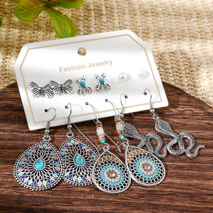 Boucles d'oreilles pendantes tendance en turquoise et alliage d'argent tibétain pour femme, style bohème, ensemble de bijoux de fête - Product Image 3