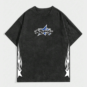 T-shirt vintage imprimé par transfert de chaleur pour hommes T-shirts lavés à l'acide noir en coton uni avec marque privée - Product Image 5
